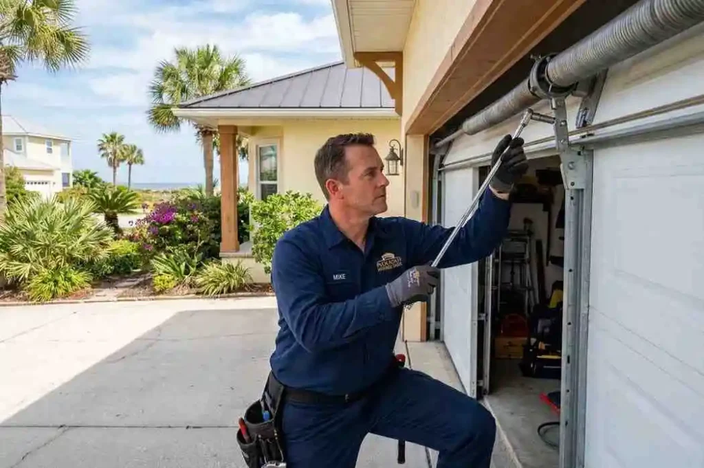 About 3 Experienced Palm Coast Garage Door technician inspecting residential garage door in Palm Coast FL