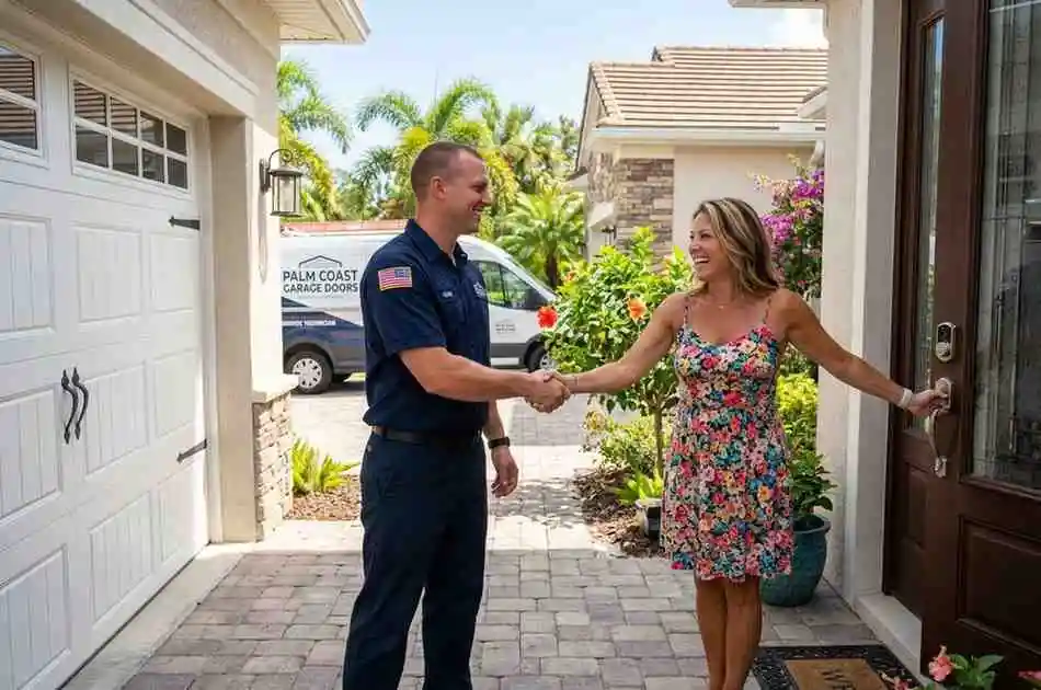 About 2 Palm Coast Garage Door technician with satisfied homeowner in Palm Coast FL