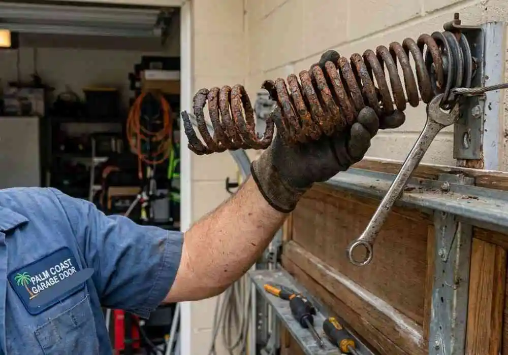 Garage Door Repair Ormond Beach FL 26 Broken and corroded garage door spring repaired by Palm Coast Garage Door FL