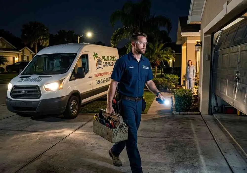 Garage Door Repair Ormond Beach FL 15 Emergency garage door repair technician arriving at night in Palm Coast FL