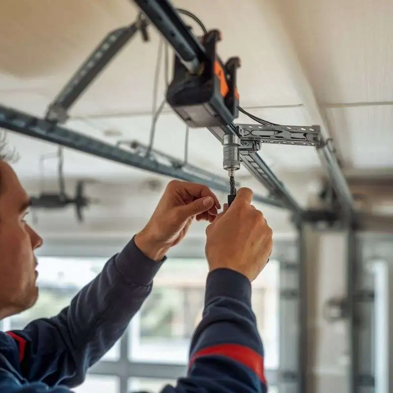 Garage door technician repairing or replacing cables on a residential garage door in Palm Coast