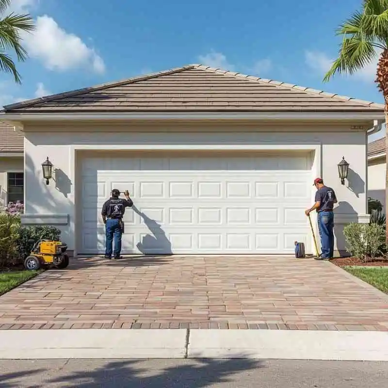 Technicians installing a new garage door at a residential home in Palm Coast Florida