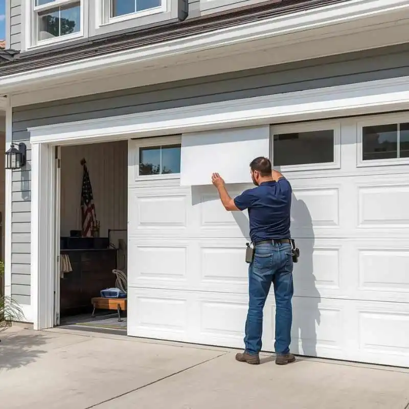 Technician installing or repairing a garage door opener in a Palm Coast Florida home