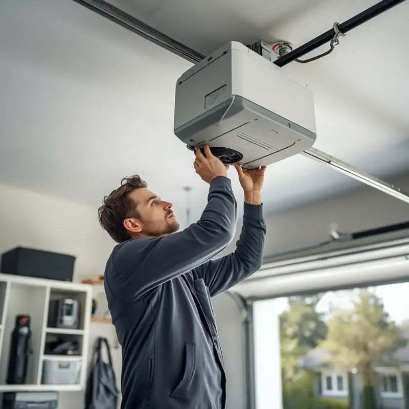 Garage door technician replacing a damaged panel on a residential garage door in Palm Coast FL