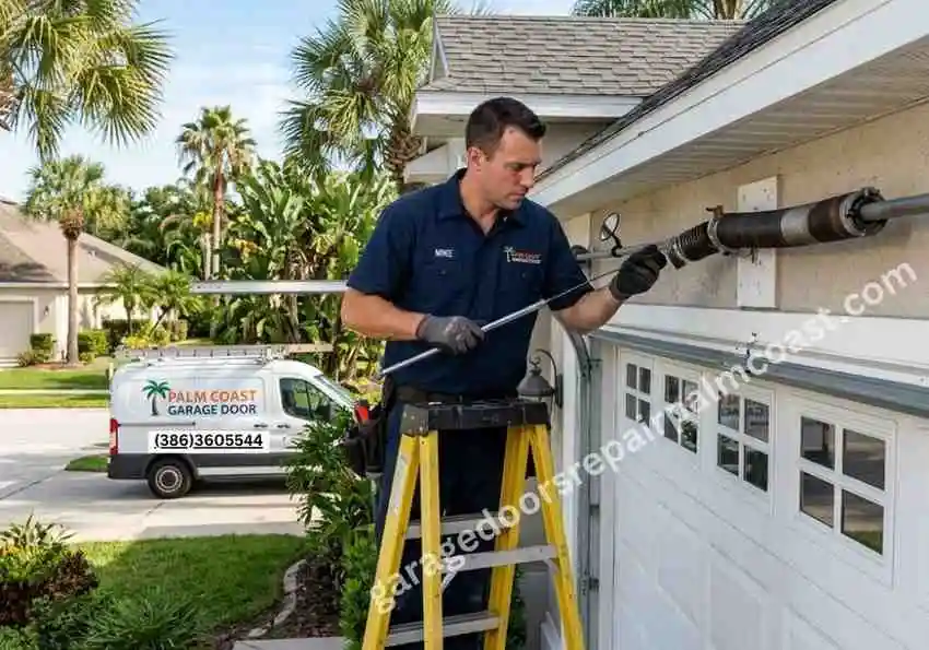 Garage door technician repairing broken spring in Palm Coast FL
