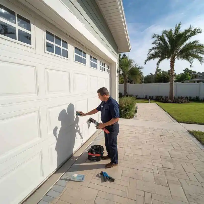 Garage door technician repairing a residential garage door in Palm Coast Florida