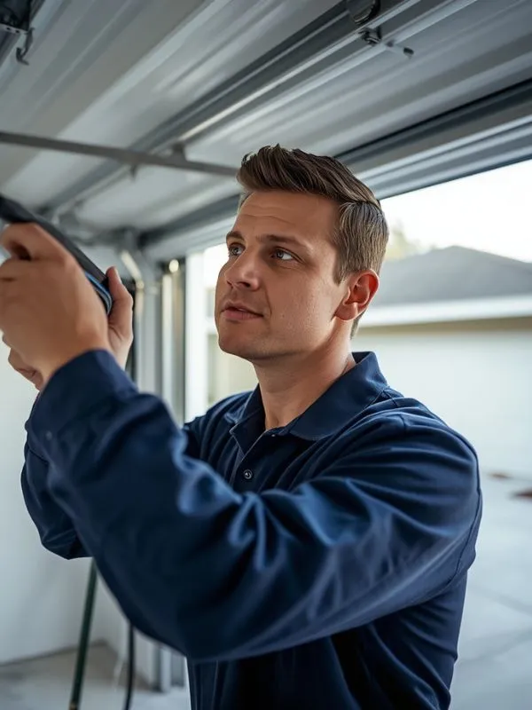 Garage door technician repairing a residential garage door in Palm Coast Florida