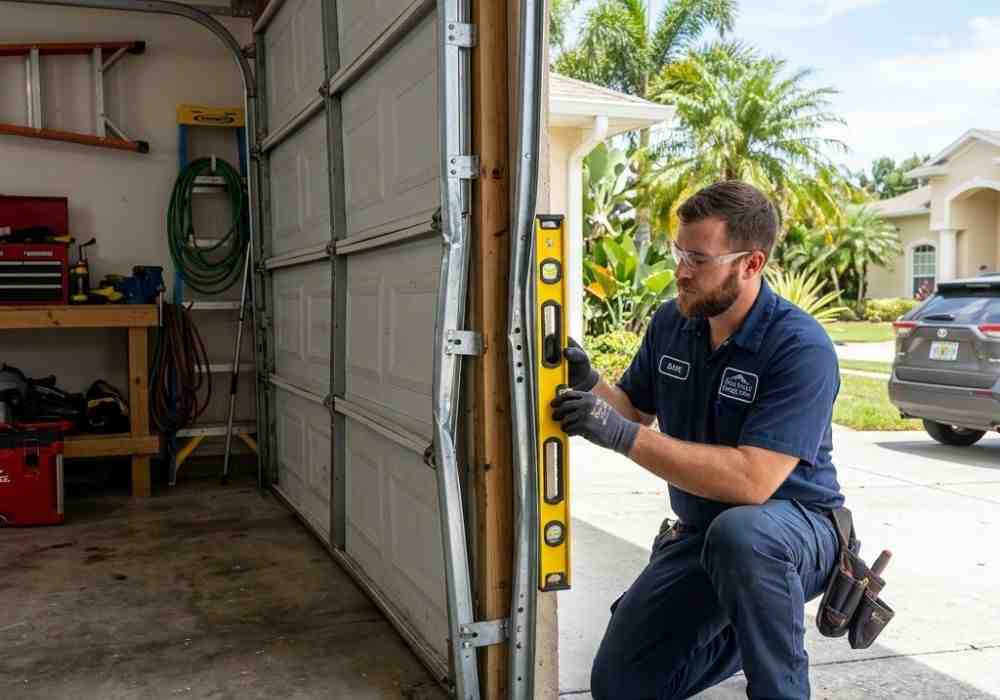 Garage Door Repair Ormond Beach FL 20 Garage door technician inspecting misaligned track in Palm Coast FL