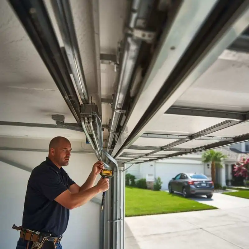 Technician aligning or repairing garage door tracks at a home in Palm Coast Florida